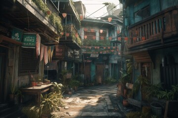 Digital painting of an urban fantasy street in the old town. Generative AI