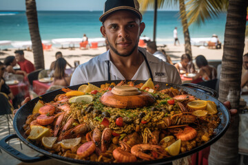 Caribbean Seafood Feast. The richness of Dominican cuisine as a talented chef presents a tantalizing platter of fresh seafood. AI Generative - obrazy, fototapety, plakaty