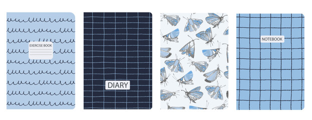 Set of cover page templates based on patterns with butterflies, moths, plaid, abstract circles for notebooks, notepads, diaries, planner. Headers isolated