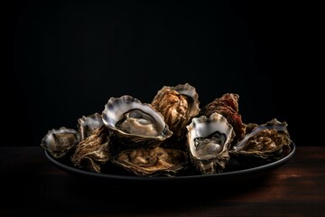Cooked oysters on black plate against white background. Generative AI