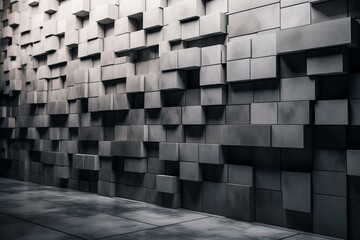 Polished concrete tiles arranged in 3D fashion to form a futuristic wall. A square background with blocks. 3D rendering. Generative AI