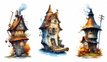 Watercolour fantasy landscape, tiny rocky island, rural wonky house, old shoe. Greeting cards and envelopes artwork project set 4.