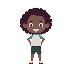 Cute little kid happy african girl smile. Cartoon schoolgirl character show facial expression. Vector illustration