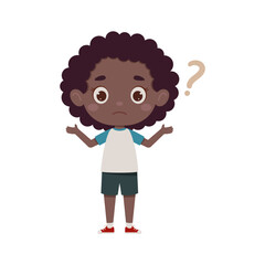 Cute little kid african girl confused with question mark. Cartoon schoolgirl character show facial expression. Vector illustration