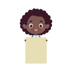 Cute little kid african girl holding empty blank board. Cartoon child character. Vector illustration