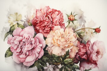 Watercolor botanical illustration of roses and carnations. Generative AI