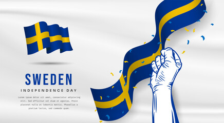 Banner illustration of Sweden independence day celebration with text space. Waving flag and hands clenched. Vector illustration.