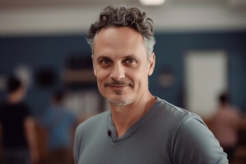 Fototapeta premium Portrait of a handsome mature man in casual clothes looking at camera and smiling while standing in office