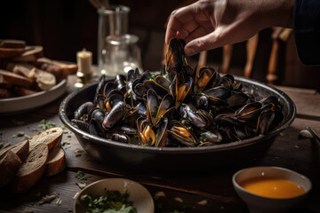 Taste of the Sea. Indulge in the flavors of the ocean with a platter brimming with fresh mussels, expertly prepared by a Normandy chef. A seafood delight. AI Generative - obrazy, fototapety, plakaty
