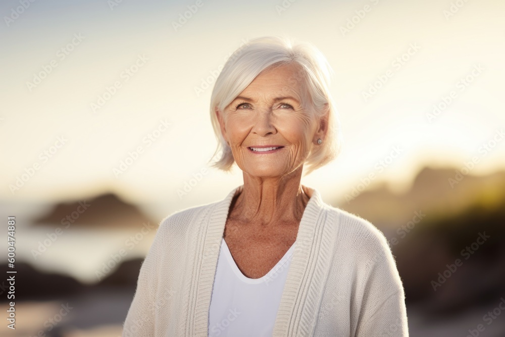 Poster portrait of senior woman smiling at camera on the beach at sunrise