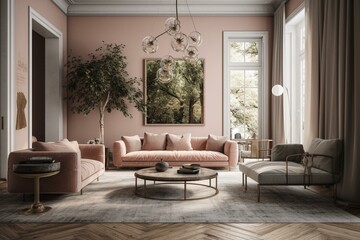 A contemporary living space with a minimalistic aesthetic, featuring high ceilings and warm pink and khaki tones blending with the furniture. Generative AI