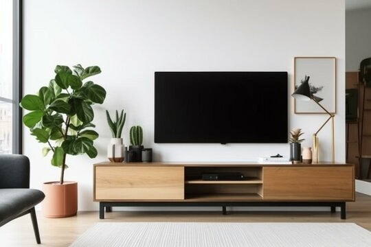 Modern living room with TV on cabinet, plant & white wall background. Generative AI
