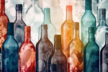 A seamless alcohol bottle pattern with stylized silhouettes and watercolor effects. Generative AI