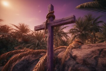 Purple landscape with wooden crucifix, symbolizing lenten preparation for Easter in the Christian Church during Holy Week, with Palm Sunday and Good Friday. Generative AI