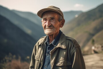 Naklejka premium Portrait of an elderly man with a hat in the mountains.
