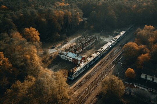 A Deserted Train Station Near A Cemetery And Forest Seen From Above. Generative AI