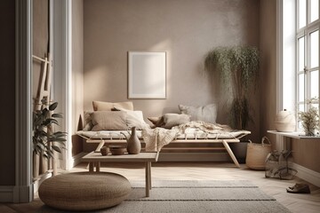 Scandi-boho style 3d render of wall mock up in a light and simple interior. Generative AI