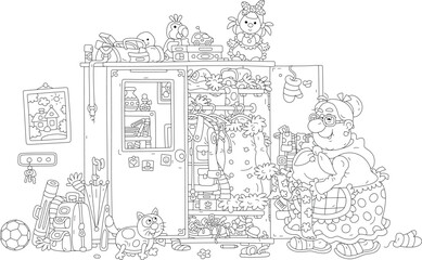 Funny granny with her merry plump cat cleaning up a large closet full of clothes, shoes, other things and toys in a home hallway, black and white vector cartoon illustration for a coloring book