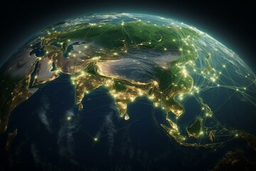 Green Earth with Asia indicated, along with networks depicting air traffic, telecommunication and communication network. Generative AI