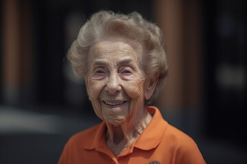 Portrait of an elderly woman in an orange t-shirt smiling