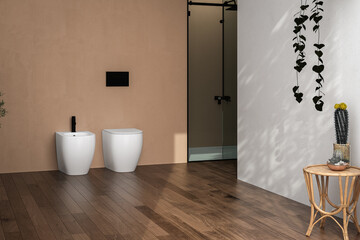 Modern bathroom with a blank white wall for bathroom cabinet mock-up, bathtub, parquet flooring, beige walls, plants, toilet, bidet and natural light pouring in through the window. 3d rendering