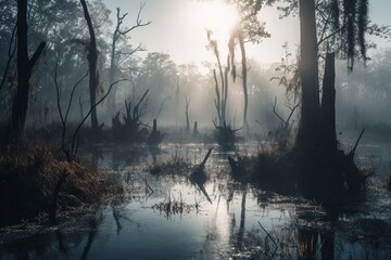 Eerie swamp landscape with mist and tree silhouettes. Generative AI