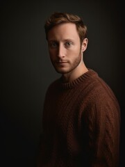 Fototapeta premium Portrait of a handsome young man in a brown sweater. Men's beauty, fashion.