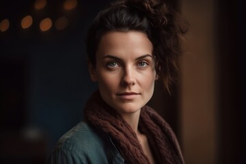 Fototapeta premium Portrait of a beautiful young brunette woman with curly hair in a knitted scarf.