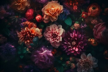 Stunning glowing florals, exquisite top-down view. Keywords: fantasy, luminous, flowers, beautiful, background, floral, top view, exquisite, stunning, glowing. Generative AI