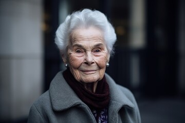 Portrait of an elderly woman in a gray coat on the street
