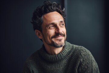 Lifestyle portrait photography of a pleased man in his 30s wearing a cozy sweater against an abstract background. Generative AI