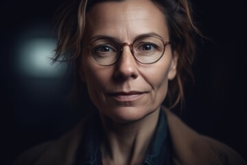 Fototapeta na wymiar Portrait of a beautiful middle-aged woman with glasses on a dark background