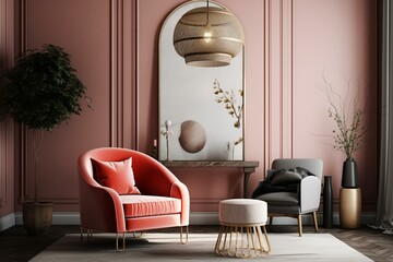 Mockup living room with coral pink armchair, pendant lamp, and arch on beige wall background. Generative AI