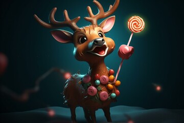 A cartoon deer with garland and lollipop cartoon mascot. Cute illustration of deer with garland on antlers licking lollipop. Generative AI