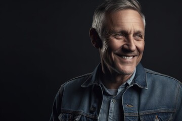 Portrait of a smiling senior man in jeans jacket on black background