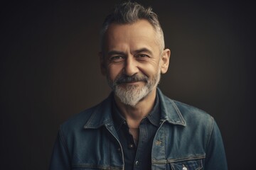 Obraz premium Portrait of a handsome mature man with grey beard and mustache in denim jacket on dark background
