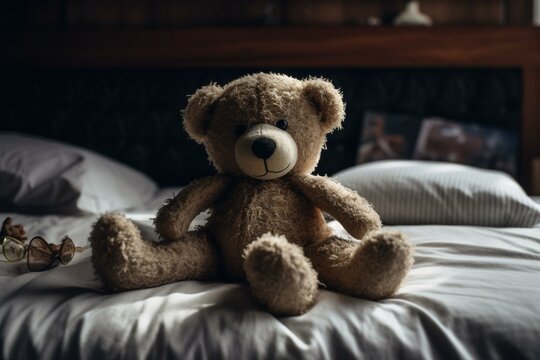 Sick teddy in bed. Generative AI