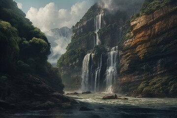 Fototapeta na wymiar Stunning painting of a grand waterfall scenery. Generative AI