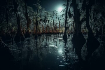 Eerie cypress swamp at night with moonlit water and dark trees. Generative AI