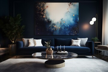Elegant navy blue living room with big painting, window, circular table, white carpet, and sofa. Generative AI