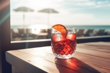 Refreshing Negroni Cocktail  with gin, campari martini rosso and orange, cold drink or beverage with ice on wood table in front of blue sky on summer sea.  - obrazy, fototapety, plakaty