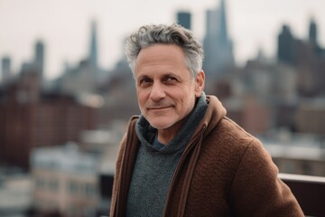 Portrait of a handsome middle-aged man in a coat standing on the roof of a skyscraper