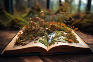 Naklejka na ściany i meble Fantasy illustration of an old book in the woods, covered with moss, grass and little flowers that forms a miniature landscape. Fairy tale concept. Created with Generative AI technology.