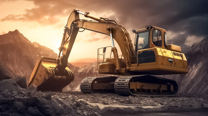 Crawler excavator during earthmoving works. Heavy construction hydraulic equipment. Excavation. generative ai