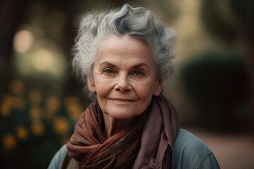 Fototapeta premium Portrait of a smiling senior woman with grey hair and scarf outdoors