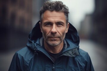 Obraz premium Portrait of handsome middle-aged man in a raincoat.