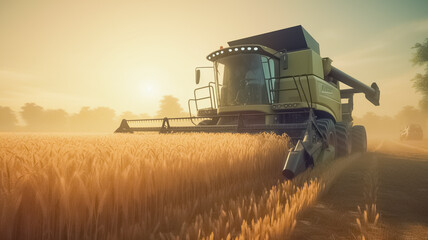 Naklejka premium Harvester machine to harvest wheat field working. Harvest time. Harvester at work in summer sun.