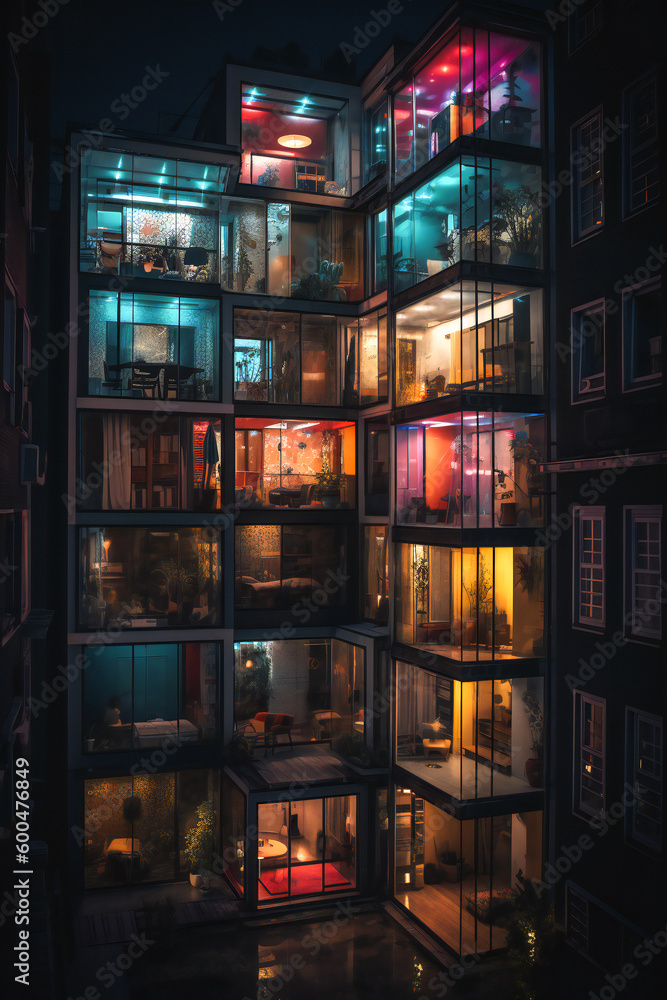Poster night view of a group of colorful apartments. created with generative ai technology.