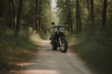 Fototapeta na wymiar A motorbike on a road through a countryside forest. Generative AI