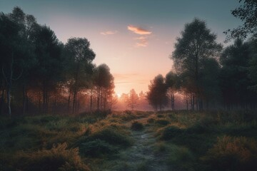 A highly-detailed image of a beautiful forest sky at dusk with a soft glow, rendered in hyperrealistic style. Generative AI